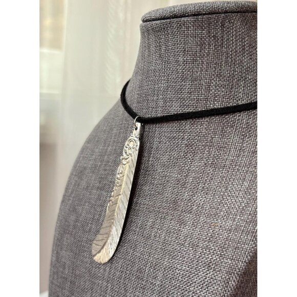 Handmade Silverware Feather Pendant Necklace - Upcycled "First Love" Knife - Picture 7 of 11